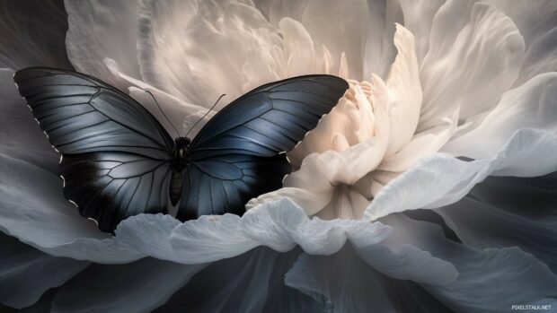 A black butterfly with iridescent wings delicately resting on a white, ethereal flower.