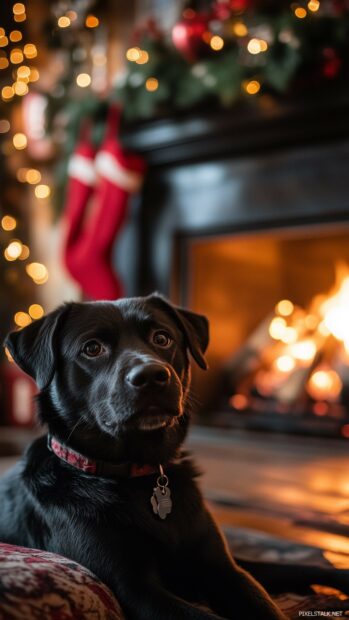 A black dog lounging by a cozy fireplace, with warm, glowing embers and holiday decorations in the background.