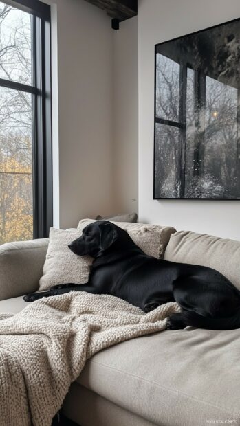 A black dog resting peacefully on a comfortable couch in a modern living room.