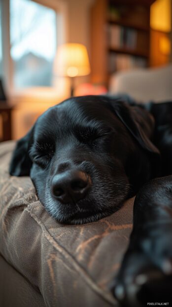 A black dog resting peacefully on a comfortable couch in a modern living room, with soft natural lighting from a nearby window.