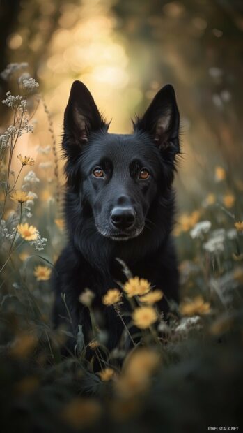 A black dog running joyfully through a field of wildflowers.