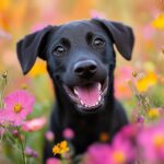 A black dog running joyfully through a field of wildflowers, capturing motion and energy in the outdoor setting.