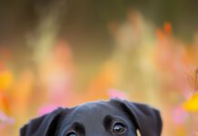 A black dog running joyfully through a field of wildflowers, capturing motion and energy in the outdoor setting.