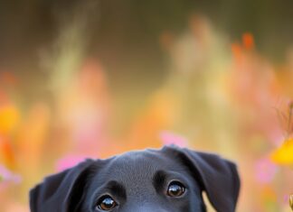 A black dog running joyfully through a field of wildflowers, capturing motion and energy in the outdoor setting.