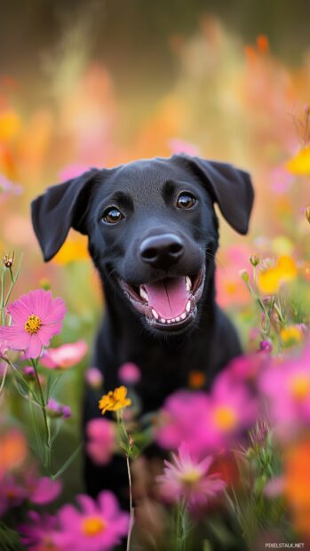 A black dog running joyfully through a field of wildflowers, capturing motion and energy in the outdoor setting.