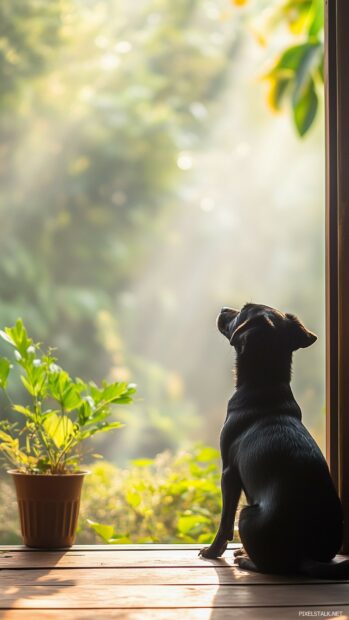 A black dog sitting on a porch under soft morning light,.