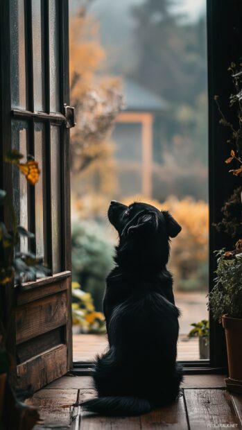 A black dog sitting on a porch under soft morning light, with rustic wooden textures and greenery in the background.