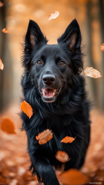 A black dog walking through an autumn forest, surrounded by fallen leaves in shades of orange and brown.