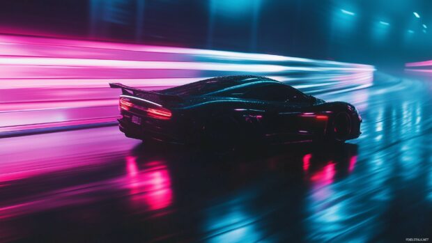 A black sports car drifting around a corner on a wet racetrack under neon lights.