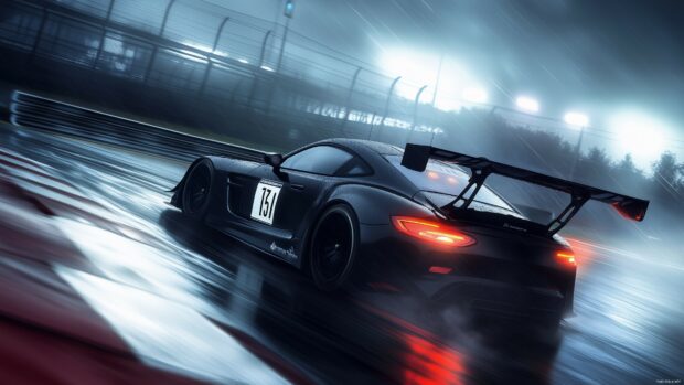 A black sports car drifting around a corner on a wet racetrack under neon lights.