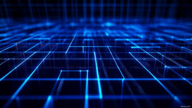 A blue grid background with neon glowing lines.