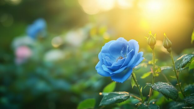 A blue rose garden at dawn, with dew drops glistening on the petals under soft morning light, creating a tranquil and refreshing atmosphere.