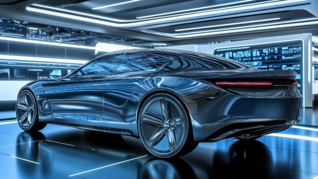 A bold 3D concept car 4K wallpaper with sharp edges and a metallic finish, showcased on a high tech showroom floor with glowing lights.