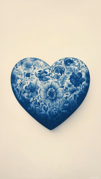 A bold blue heart with intricate floral designs etched into it, placed against a soft cream background for a striking yet elegant look.