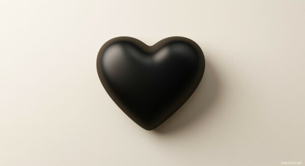 A bold, solid black heart centered on a soft white background.