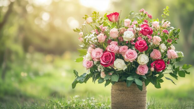 A bouquet of assorted roses in various shades of pink and white, arranged elegantly in a rustic vase, against a blurred natural background.