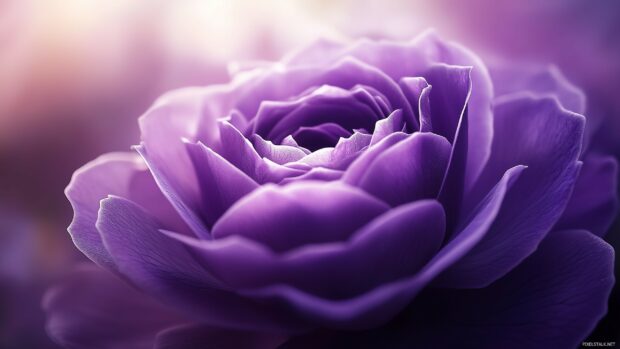 A breathtaking close up of a purple rose in full bloom, showcasing the intricate textures and gradients of the petals, with soft natural lighting enhancing its beauty.