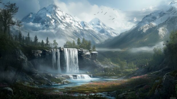 A breathtaking mountain landscape background 4K with cascading waterfalls and a serene meadow in the foreground.