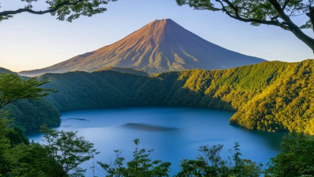 A breathtaking mountain peak towering above a serene turquoise lake, illuminated by soft morning light.