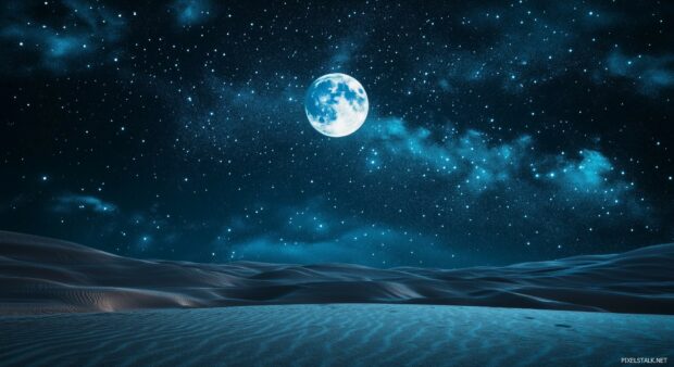 A breathtaking night sky with a full moon shining brightly amidst a sea of twinkling stars.