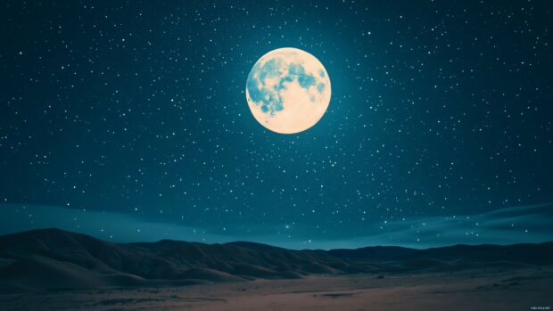 A breathtaking night sky with a full moon shining brightly amidst a sea of twinkling stars, casting a soft glow over a calm desert landscape.