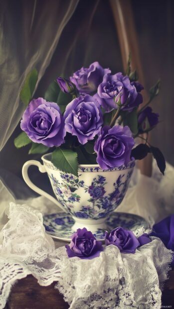 A breathtaking view of a purple rose garden in full bloom during golden hour, with sunlight filtering through the petals.