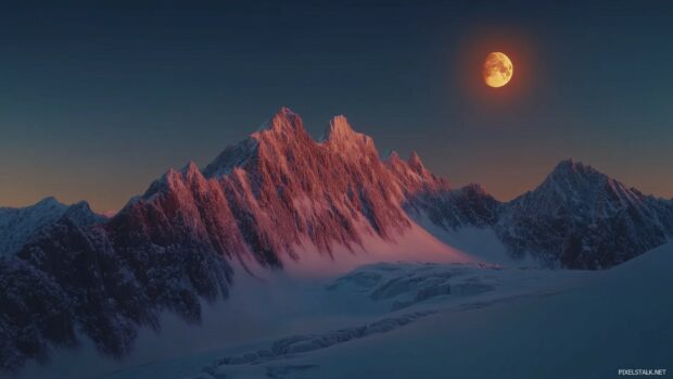 A breathtaking view of a snow mountain glowing under the soft light of the moon, desktop wallpaper.