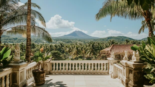 A breathtaking view of a volcanic mountain surrounded by lush tropical greenery and clear skies.