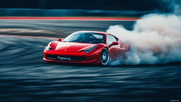 A bright red race car drifting through a sharp corner on a track.