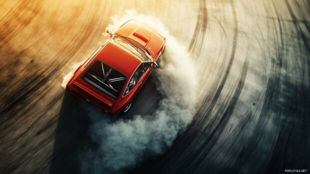 A bright red race car drifting through a sharp corner on a track, with smoke billowing from the tires.