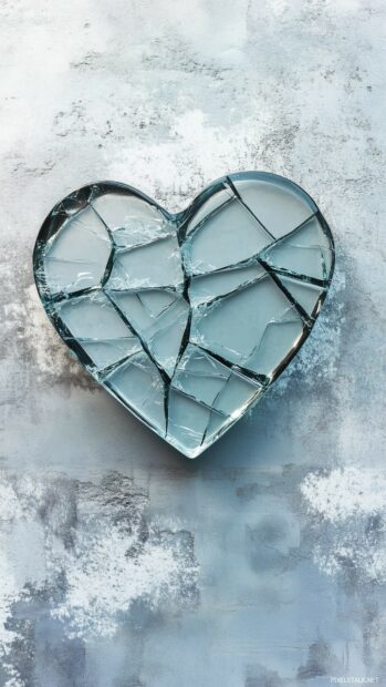 A broken glass heart wallpaper with cracks radiating outward on a minimalist gray background.