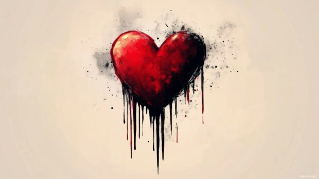 A broken heart with dripping paint effect on a plain beige background.