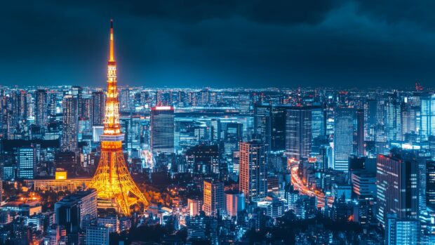 A bustling Tokyo Cityscape at night 4K Resolution Background with iconic landmarks like the Tokyo Tower, vibrant neon lights, and busy streets.