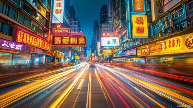 A bustling city street at night, with glowing neon signs and blurred motion from passing cars.