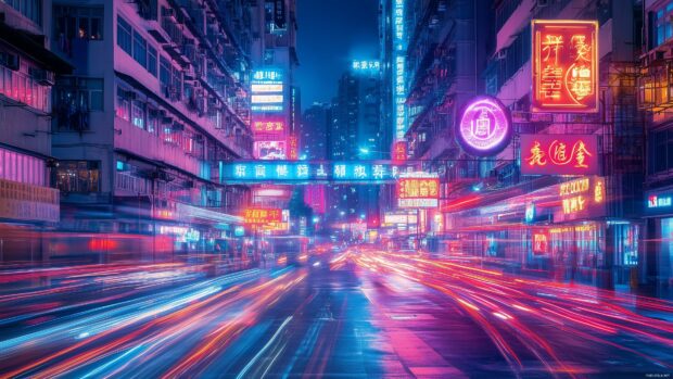 A bustling city street at night, with glowing neon signs and blurred motion from passing cars.