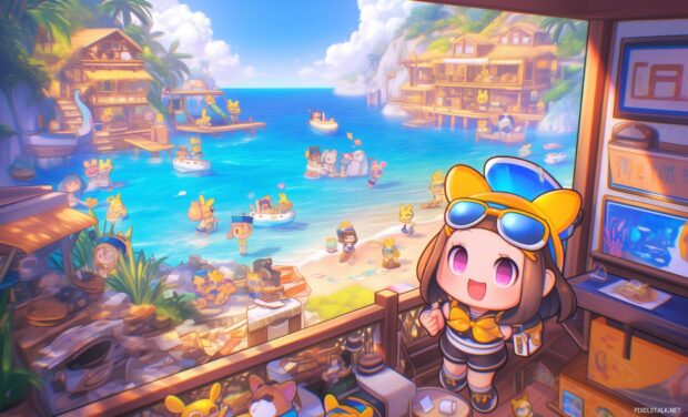 A bustling cityscape with cute anthropomorphic buildings wearing sunglasses and smiling, with cheerful clouds and bright sun overhead.