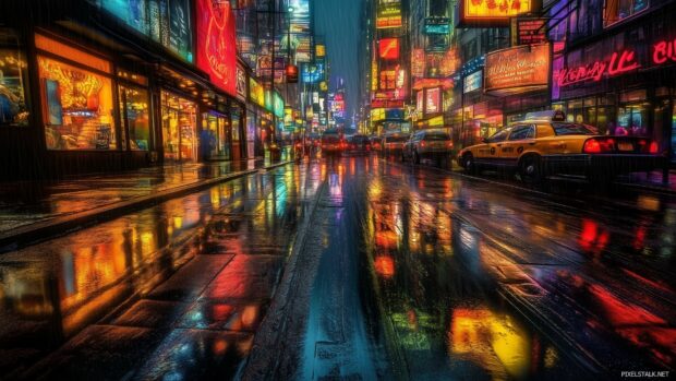 A busy city street at night with neon signs reflecting on rain soaked pavement.