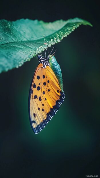 A butterfly emerging from its chrysalis on a green leaf, with its wet wings glistening in the morning light.