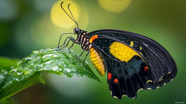 A butterfly emerging from its chrysalis on a lush green leaf, with its wings still wet and glistening in the morning light.