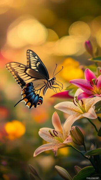 A butterfly gracefully flying over a lush garden of colorful lilies, with the vivid flowers creating a rich, high quality backdrop for the butterfly’s delicate flight.