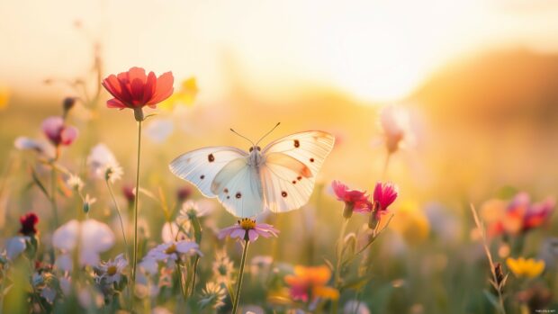 A butterfly gracefully resting on a field of wildflowers, with soft, golden hour lighting creating a warm and inviting atmosphere.