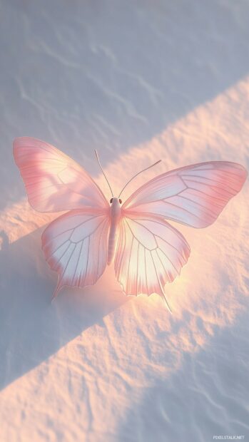 A butterfly with delicate, pastel colored wings perched on a soft, textured surface.