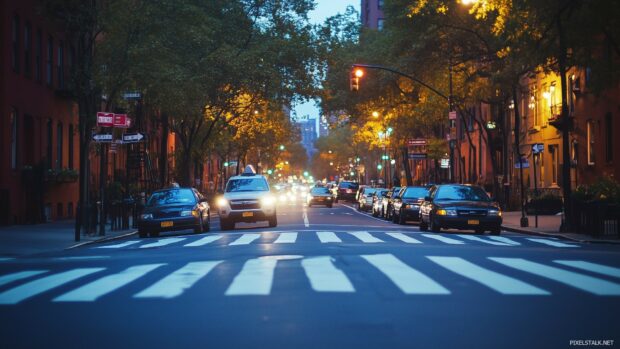 A calm city street at dawn, with just a few cars and streetlights.