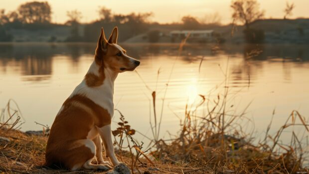 A calm cool dog sitting by a lake during sunset with warm tones in the sky.