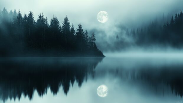 A calm lake reflecting the moonlight, with mist rising from the water and surrounding forests fading into the darkness.