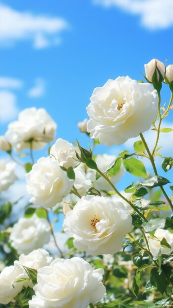 A captivating view of white roses in a field, gently swaying in the breeze under a clear blue sky.