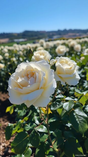 A captivating view of white roses in a field, gently swaying in the breeze under a clear blue sky.