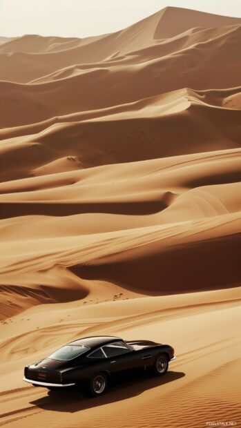 A car in a desert landscape with dramatic sand dunes.