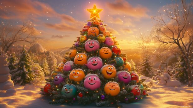 A cartoon Christmas tree with smiling ornaments and a star on top, Preppy Christmas Wallpaper.