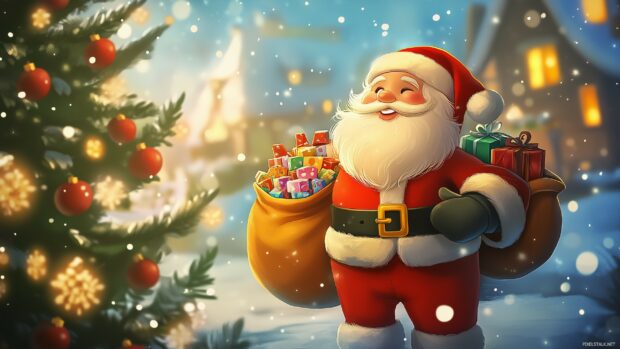 A cartoon Santa Claus with a sack of toys, standing next to a decorated tree, Preppy Christmas Desktop Wallpaper.